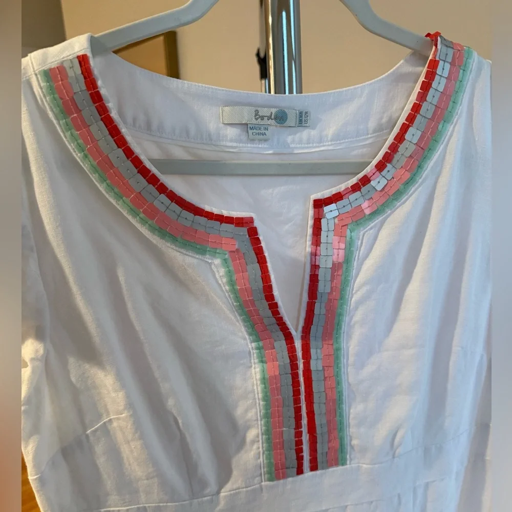 Boden white linen Sorrento lined dress with flat square beaded neckline detail. - Picture 6 of 8